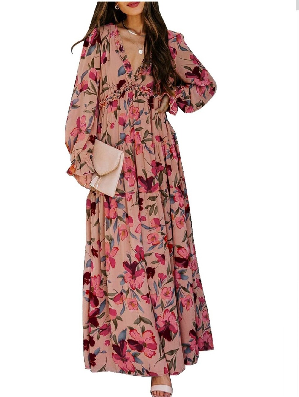 BLENCOT Womens Casual Floral Deep V Neck Long Sleeve Long Evening Dress Cocktail